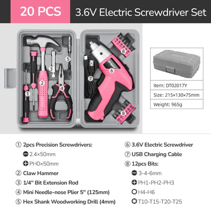 Hi-Spec 92-Piece Pink Home Tool Box Set, Multi-Function Hand Repair Kit with Hammer Cordless Power Drill Combo for Household DIY - ShoreCo.Shop