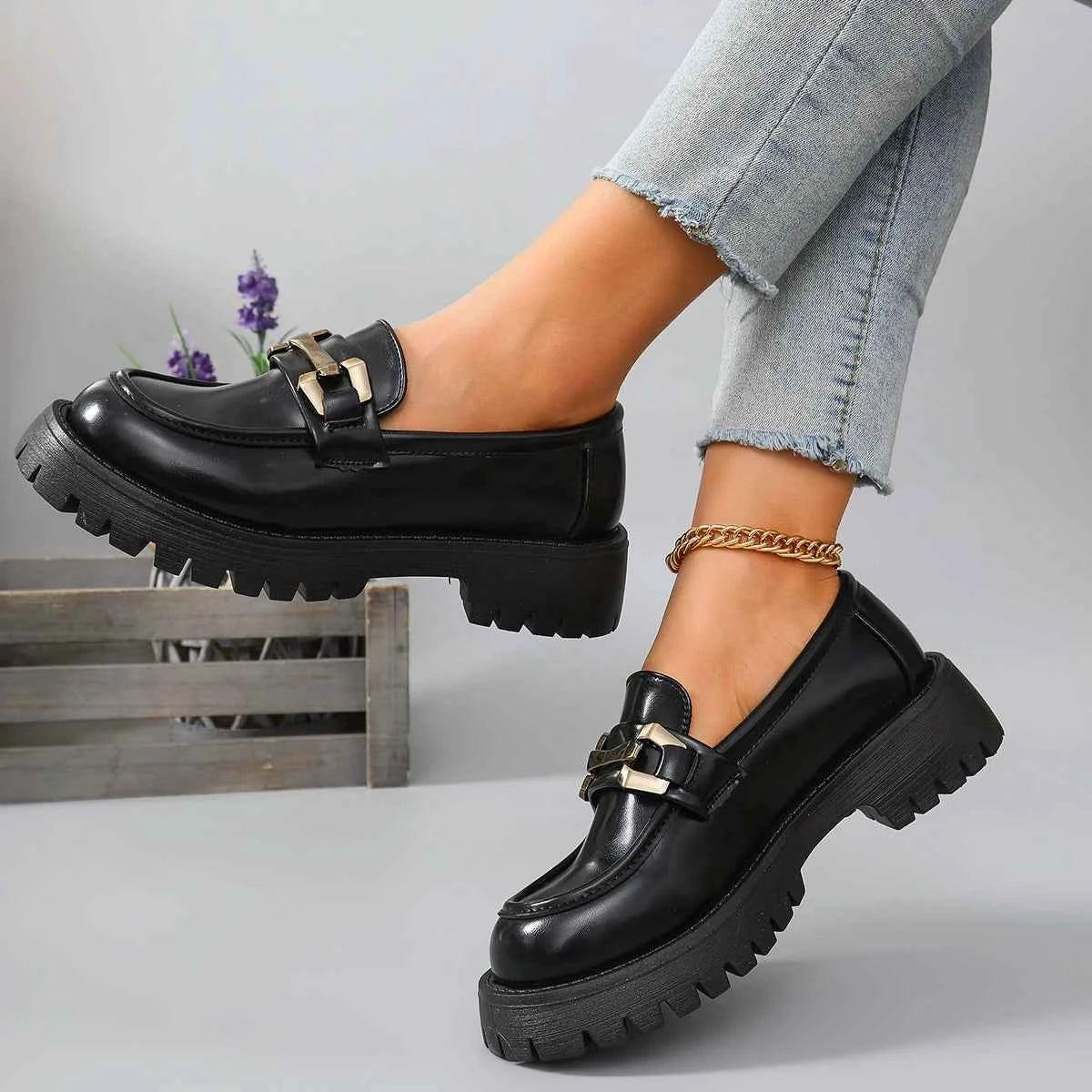 2025 Female Shoes Women Fashion Mary Janes Round Toe Flats Loafers Oxfords Platform Casual Metal Chain Buckle Ladies Heels Black