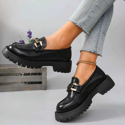 2025 Female Shoes Women Fashion Mary Janes Round Toe Flats Loafers Oxfords Platform Casual Metal Chain Buckle Ladies Heels Black