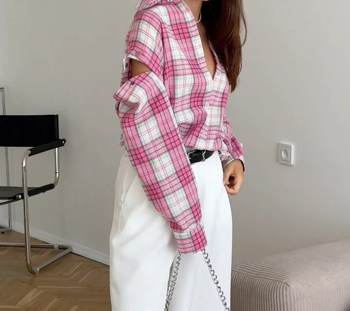 Pink Plaid Shirt for Women in Europe and America New Versatile Loose Shirt for Women Removable Long-sleeved Lapel Top    Home Decor Supply | Online Retail | ShoreShopper.com