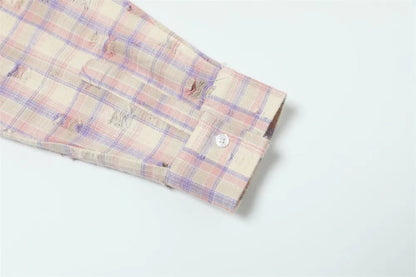 Ripped Plaid Long Sleeve Shirts Mens Pocket Autumn High Street Loose Lapel Single Breasted Checked Shirt Men    Home Decor Supply | Online Retail | ShoreShopper.com