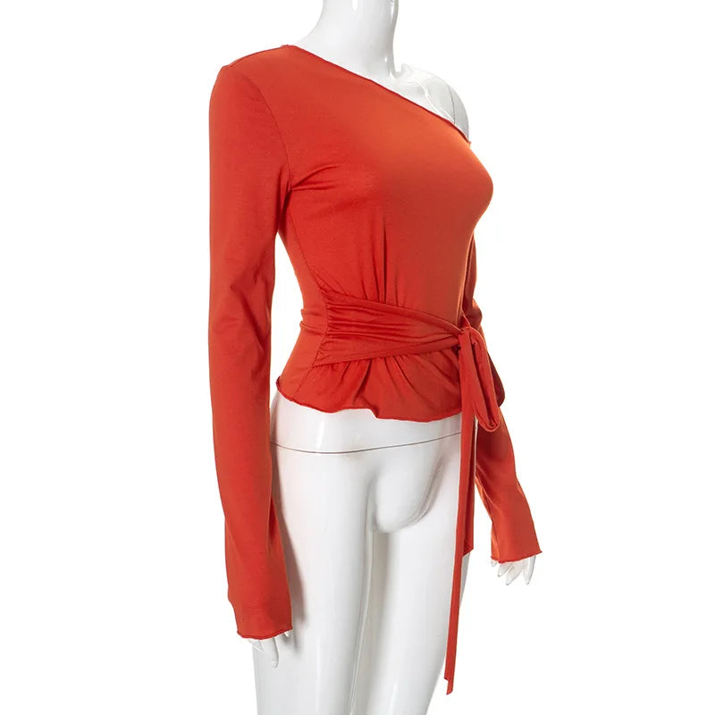 One Shoulder T Shirts For Women Aesthetic Clothes Sashes Crop Top Y2k Accessories Long Sleeve Lady Tshirt Ropa Mujer Camisetas    Your Coastal Marketplace | Shoreshopper.com