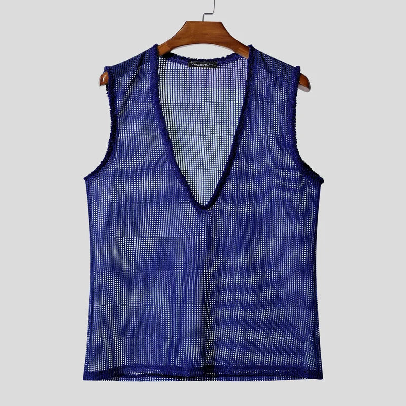INCERUN Men Tank Tops Hollow Out Mesh See Through Sexy Tassel Male Vests Summer 2025 Solid Color Fashion Streetwear Men Clothing - ShoreCo.Shop