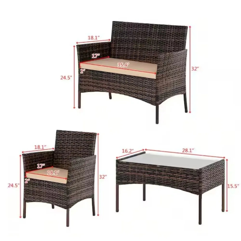 Outdoor Furniture with Soft Cushion and Glass Table, All Weather Manual Weaving Wicker Rattan Patio Chairs for Garden    Home Decor Supply | Online Retail | ShoreShopper.com