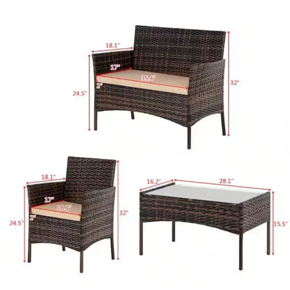 Outdoor Furniture with Soft Cushion and Glass Table, All Weather Manual Weaving Wicker Rattan Patio Chairs for Garden    Home Decor Supply | Online Retail | ShoreShopper.com
