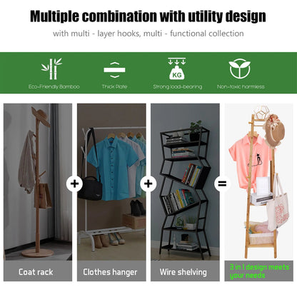 Bamboo Coat Rack Free Standing 2-Shelves Clothing Storage Garment Organizer Stand with 8 Hooks Clothes Poles 55kg Load-bearing f    Home Decor Supply | Online Retail | ShoreShopper.com