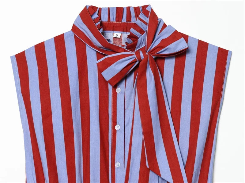 Women's Shirt 2026 Summer New Style Striped Sleeveless Waist-Fitted Shirt with Bow Decoration Romantic Style Personality Fashion    Your Coastal Marketplace | Shoreshopper.com