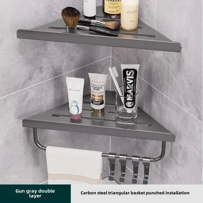 Bathroom Triangle Drain Shelf No Drilling Wall Mounted Cosmetic and Toiletries Hollow Carbon Steel Shelf with Hooks    Home Decor Supply | Online Retail | ShoreShopper.com