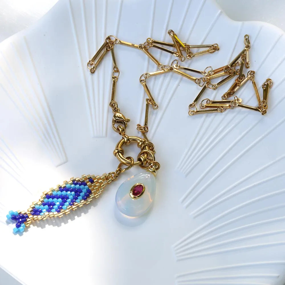 2026 Summer Beach Ocean Accessories hand knitting colorful Fish Pendant Color Preserved Stainless Steel Color Preserved Necklace    Your Coastal Marketplace | Shoreshopper.com