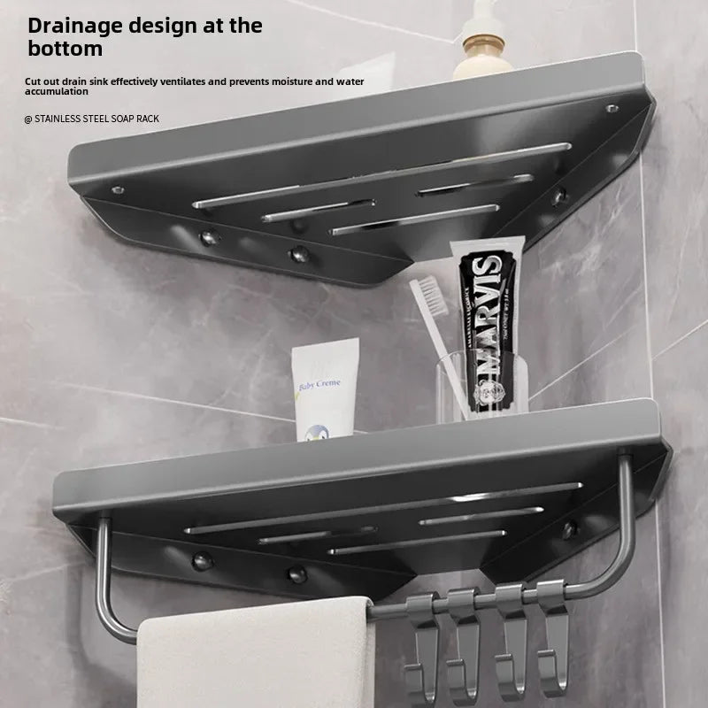 Bathroom Triangle Drain Shelf No Drilling Wall Mounted Cosmetic and Toiletries Hollow Carbon Steel Shelf with Hooks    Home Decor Supply | Online Retail | ShoreShopper.com