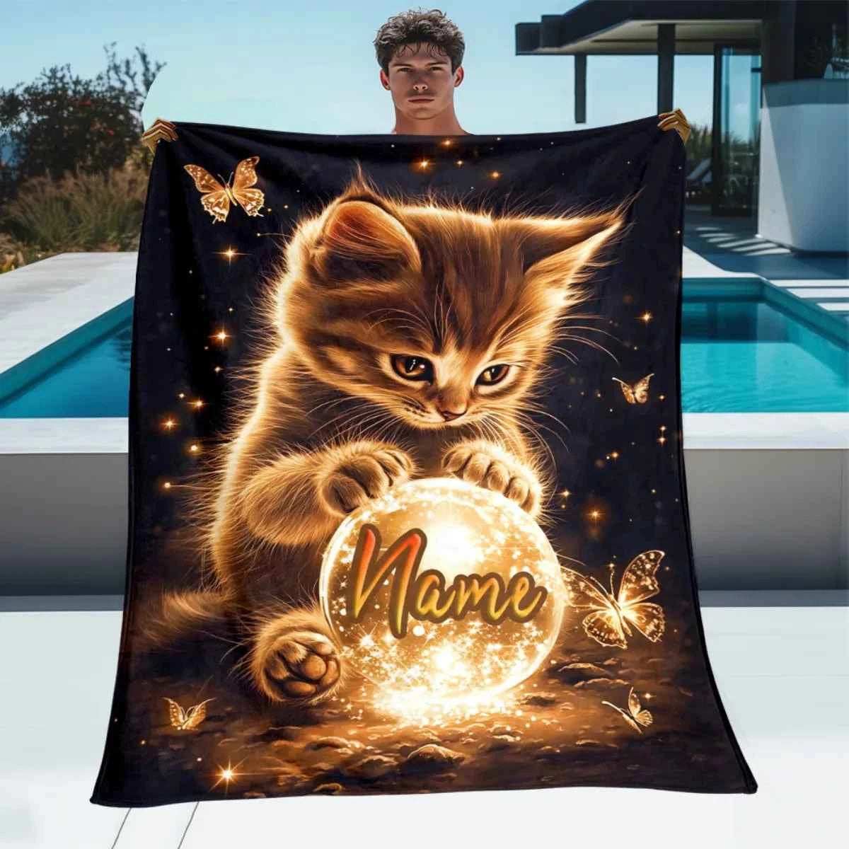 Personalized Kitten Blanket Magical Cat Holding Crystal Ball Name Custom Soft Fleece Throw Blanket Kids Room Decor Gift