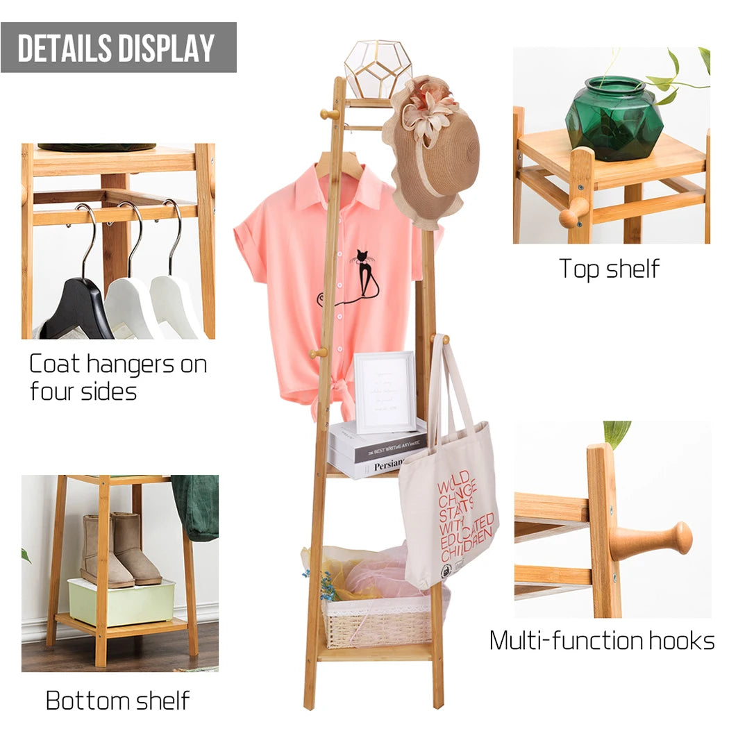 Bamboo Coat Rack Free Standing 2-Shelves Clothing Storage Garment Organizer Stand with 8 Hooks Clothes Poles 55kg Load-bearing f    Home Decor Supply | Online Retail | ShoreShopper.com