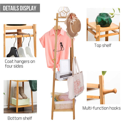 Bamboo Coat Rack Free Standing 2-Shelves Clothing Storage Garment Organizer Stand with 8 Hooks Clothes Poles 55kg Load-bearing f    Home Decor Supply | Online Retail | ShoreShopper.com