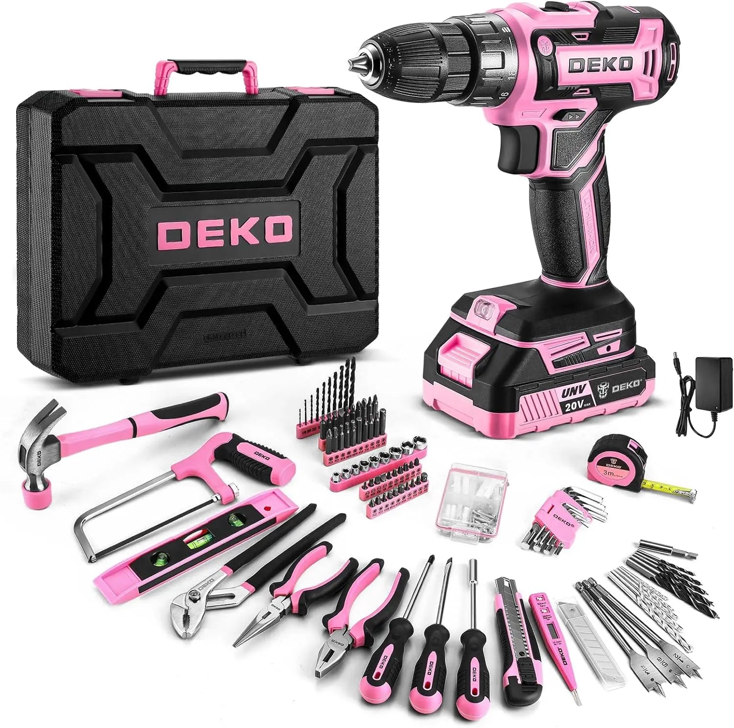 DEKO Pink Drill Tool Kit Set: 20V Cordless Power Drill Tool Box with Battery Electric Drill Driver    Home Decor Supply | Online Retail | ShoreShopper.com
