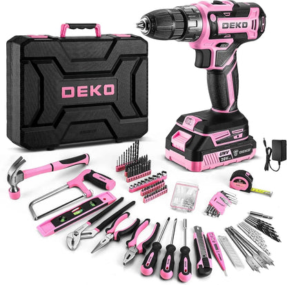 DEKO Pink Drill Tool Kit Set: 20V Cordless Power Drill Tool Box with Battery Electric Drill Driver    Home Decor Supply | Online Retail | ShoreShopper.com