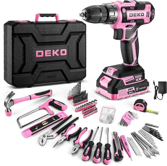 DEKO Pink Drill Tool Kit Set: 20V Cordless Power Drill Tool Box with Battery Electric Drill Driver    Home Decor Supply | Online Retail | ShoreShopper.com