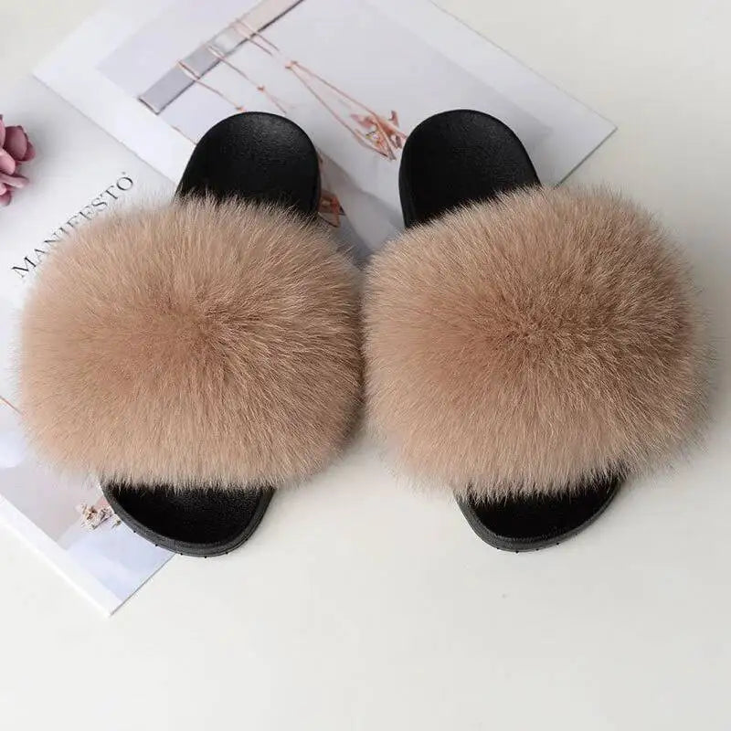 Summer Women Fur Slides Fluffy Furry Slippers Indoor Fuzzy Flip Flops Casual Outdoor Flat Ladies Fur Sandals Plush House Shoes - ShoreCo.Shop