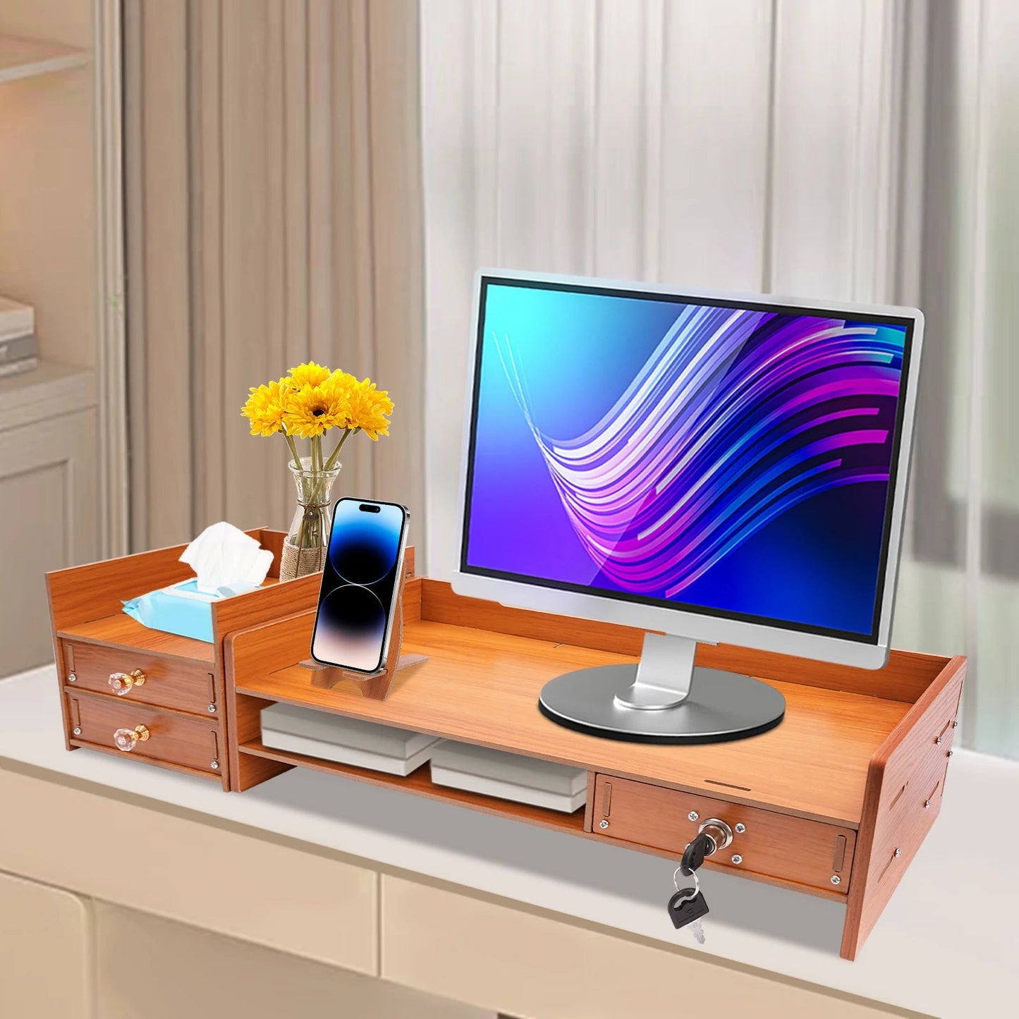 Wooden Desk Organizer W/ Drawer File Storage Desk Monitor Riser Computer Stand    Home Decor Supply | Online Retail | ShoreShopper.com