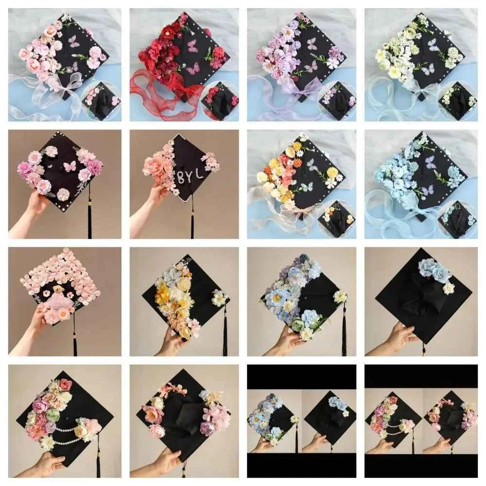 Headwear Doctor Flowers Graduation Cap Master Bachelor Trencher Cap Adjustable Fringe Mortar Board Graduation Party