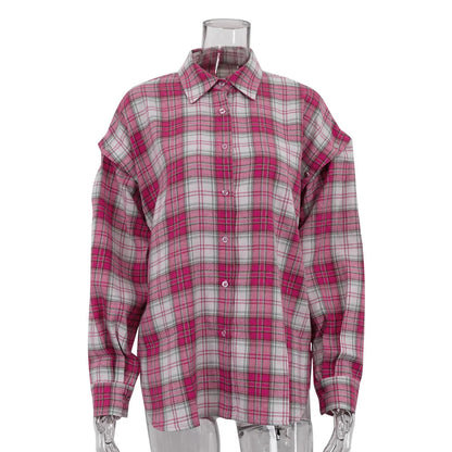 Pink Plaid Shirt for Women in Europe and America New Versatile Loose Shirt for Women Removable Long-sleeved Lapel Top    Home Decor Supply | Online Retail | ShoreShopper.com