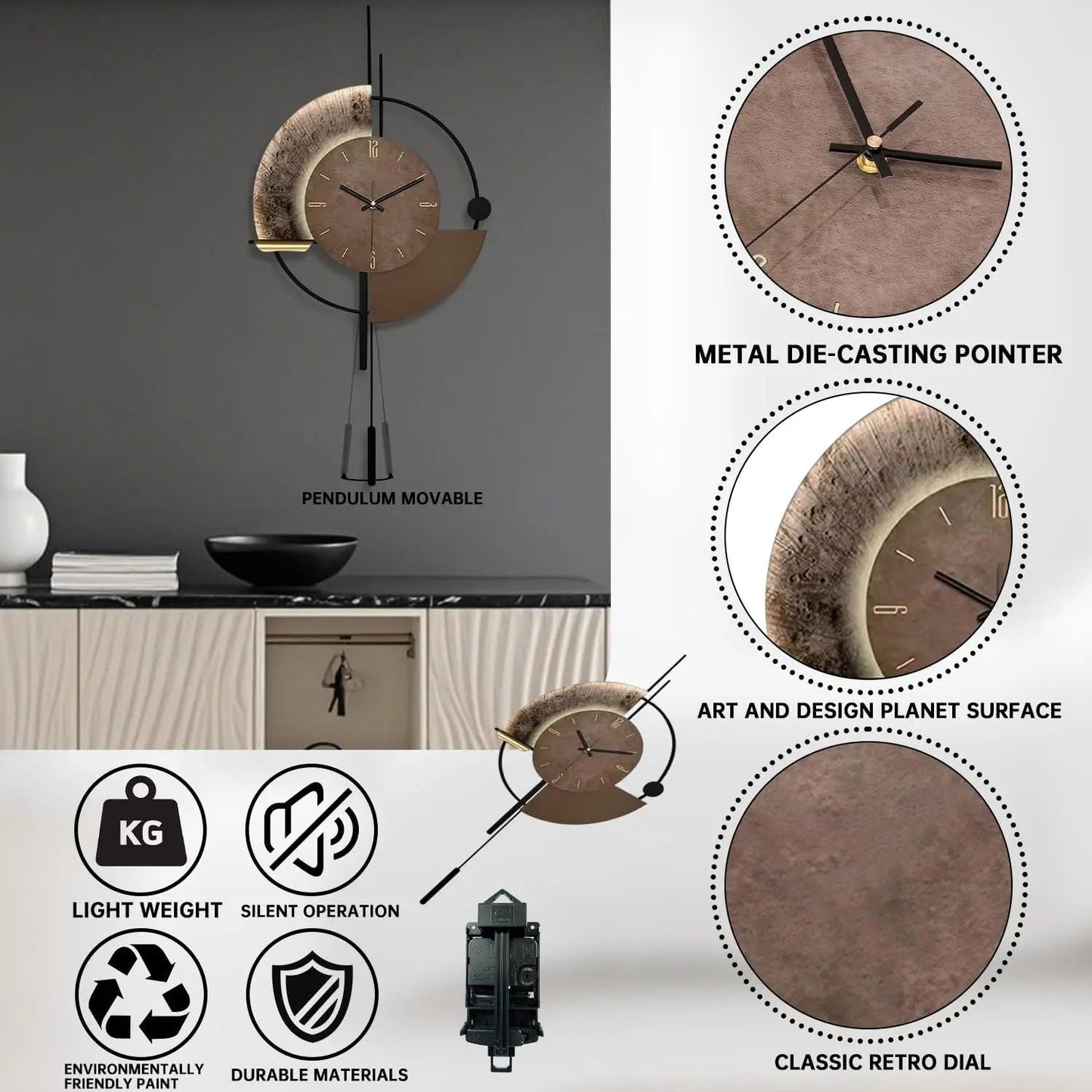 Decorative Wall Clock with Pendulum, Silent Quartz Movement, Large Modern Design for Living Room, Kitchen, Bedroom    Home Decor Supply | Online Retail | ShoreShopper.com