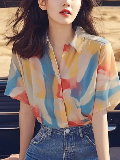 French Chic Top Print Versatile Elegant Casual Chiffon Short-sleeved Shirt for Women    Home Decor Supply | Online Retail | ShoreShopper.com