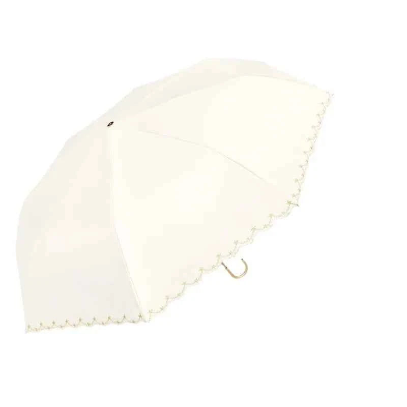 1pc Embroidered Sun Umbrella for Women Sun Protection and UV Protection All-weather Curved Hook Umbrella Folding Umbrella