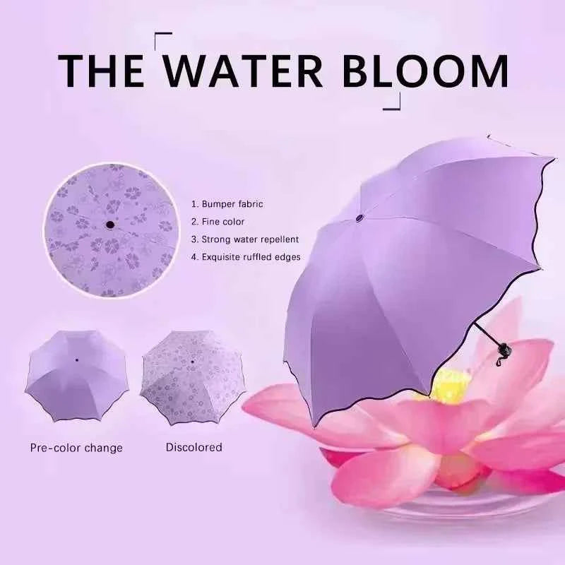 Umbrella Encountering Water Flowering 3-Fold Handheld Travel Umbrella UV Protection Portable Rain Umbrella with Parasol Frame