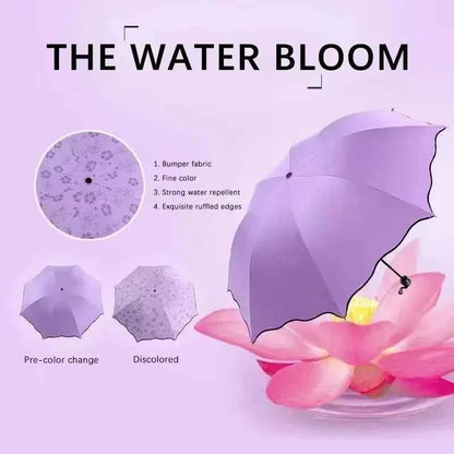 Umbrella Encountering Water Flowering 3-Fold Handheld Travel Umbrella UV Protection Portable Rain Umbrella with Parasol Frame
