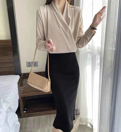 Women's Shirt, New 2026 Spring & Autumn Style, Cross V-Neck Long Sleeve Versatile Top