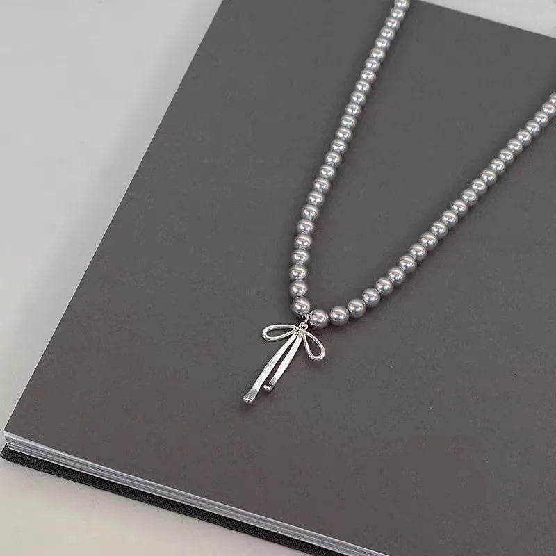 Fashionable Choker with Pendant Graceful Bowknot Pendant Choker Necklace with Gray Pearls Neck Jewelry Accessories    Home Decor Supply | Online Retail | ShoreShopper.com