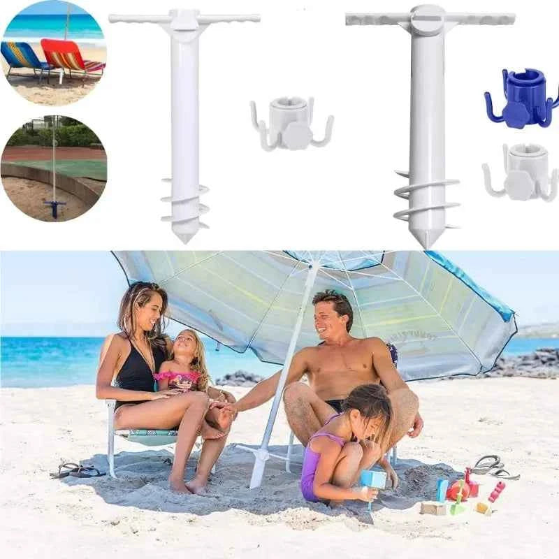 Beach Umbrella Stand And Holder with Spiral Ground Anchor Plug Outdoor Travel Accessory with Hook Inserts for Beach Equipment