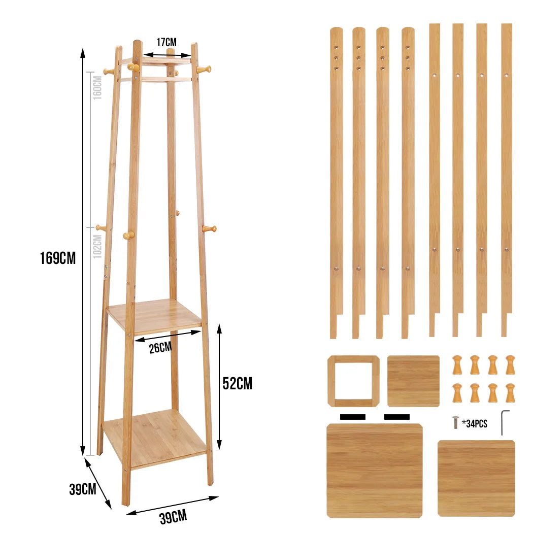 Bamboo Coat Rack Free Standing 2-Shelves Clothing Storage Garment Organizer Stand with 8 Hooks Clothes Poles 55kg Load-bearing f    Home Decor Supply | Online Retail | ShoreShopper.com