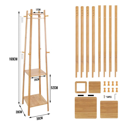 Bamboo Coat Rack Free Standing 2-Shelves Clothing Storage Garment Organizer Stand with 8 Hooks Clothes Poles 55kg Load-bearing f    Home Decor Supply | Online Retail | ShoreShopper.com