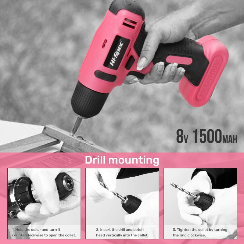Hi-Spec 92-Piece Pink Home Tool Box Set, Multi-Function Hand Repair Kit with Hammer Cordless Power Drill Combo for Household DIY - ShoreCo.Shop