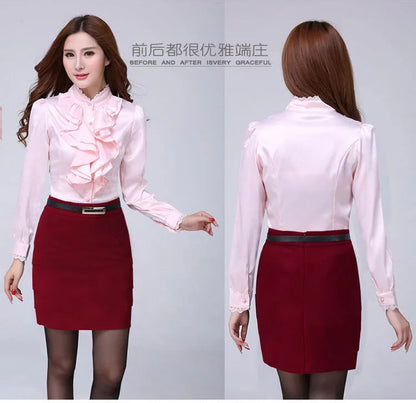 Women Shirts Long Sleeve   Spring Autumn Button Up Tops Fashion Lady Stand Collar Shirt Solid Color Female Elegant Blouses    Your Coastal Marketplace | Shoreshopper.com