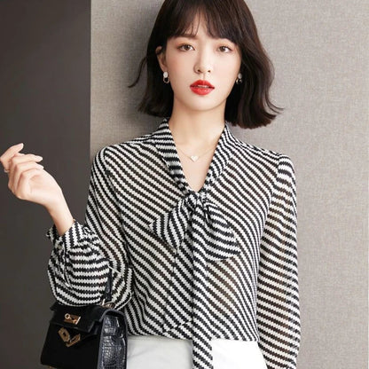 Striped Women's Shirt And Blouse Casual Youth Clothing Trend 2025 Novelty Streetwear Vintage Modern Long New V Neck Female Tops    Your Coastal Marketplace | Shoreshopper.com