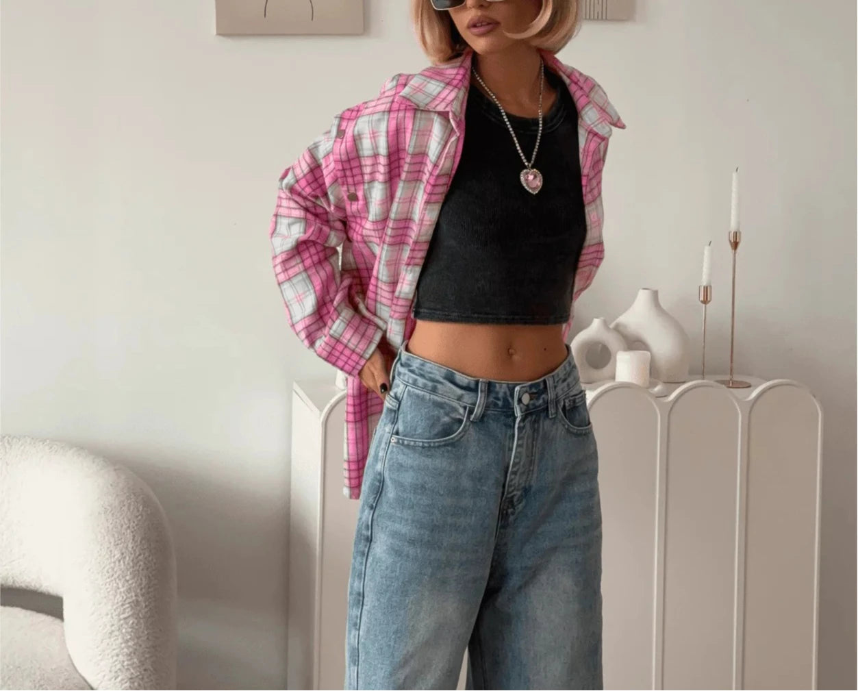 Pink Plaid Shirt for Women in Europe and America New Versatile Loose Shirt for Women Removable Long-sleeved Lapel Top    Home Decor Supply | Online Retail | ShoreShopper.com