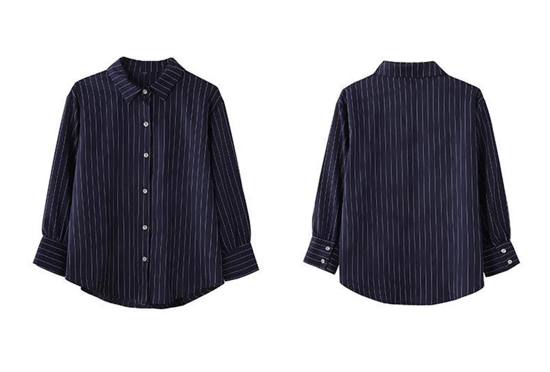 Striped Shirt Women Summer Vintage Chic Loose Long Sleeve Top Y2K Office Ladies Fashion Casual Turn Down Collar All Match Blouse    Your Coastal Marketplace | Shoreshopper.com