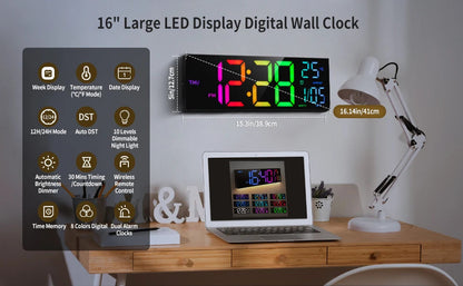 16" Large Digital Wall Clock, Big LED Display with Remote, 8 RGB Color, Alarm, DST, Temperature for Living Room, Kitchen    Home Decor Supply | Online Retail | ShoreShopper.com