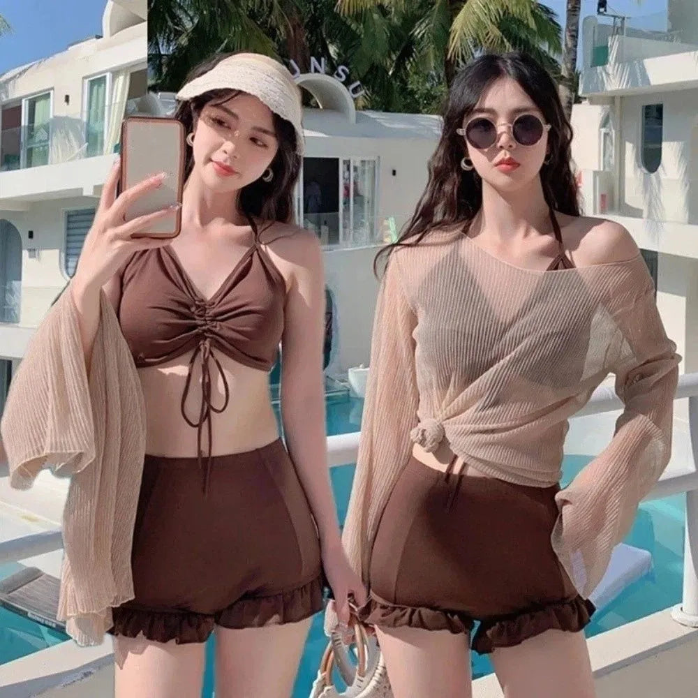 Beachwear Ruffles Bikini Set Slim Fit Lace-up Long Sleeve Swimsuit Sun Protection Transparent Pullover Swimming Suit Resort    Your Coastal Marketplace | Shoreshopper.com