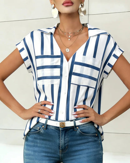 Women's Blouse Shirt Summer Top Navy White Top Vertical Stripe V Neck Short Sleeve Sleek Stylish Daily Shirt Casual Tops    Your Coastal Marketplace | Shoreshopper.com