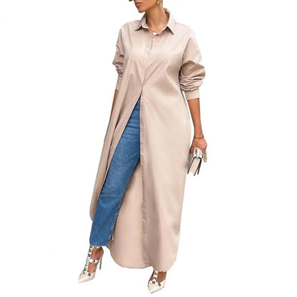 Women Shirt Windproof Shirt Dress Versatile Hem Stylish Autumn Winter Solid Color Shirt Long Dress    Your Coastal Marketplace | Shoreshopper.com