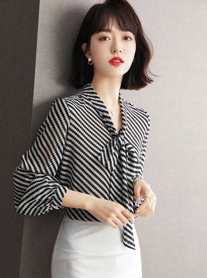 Striped Women's Shirt And Blouse Casual Youth Clothing Trend 2025 Novelty Streetwear Vintage Modern Long New V Neck Female Tops    Your Coastal Marketplace | Shoreshopper.com