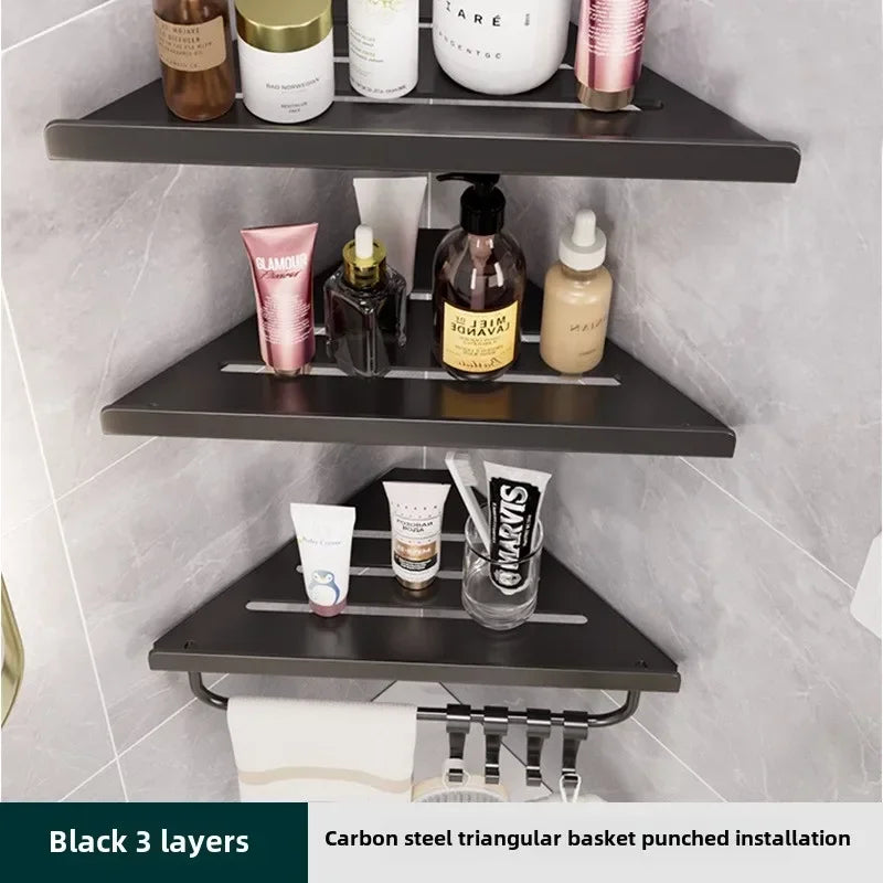 Bathroom Triangle Drain Shelf No Drilling Wall Mounted Cosmetic and Toiletries Hollow Carbon Steel Shelf with Hooks    Home Decor Supply | Online Retail | ShoreShopper.com