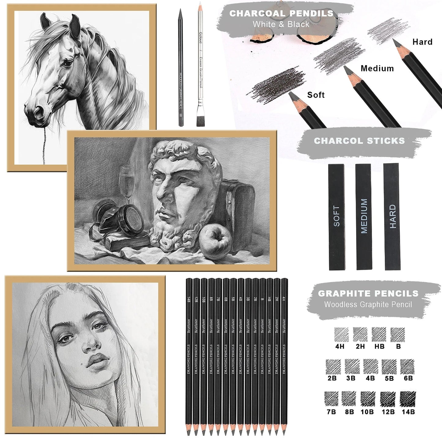 14-60 pcs Drawing Set Sketching Kit - Art Supplies,for Adults Artists with 3-Color Sketchbook,Graphite,Pastel,Charcoal Pencils    Home Decor Supply | Online Retail | ShoreShopper.com
