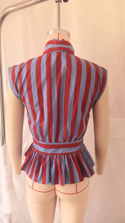 Women's Shirt 2026 Summer New Style Striped Sleeveless Waist-Fitted Shirt with Bow Decoration Romantic Style Personality Fashion    Your Coastal Marketplace | Shoreshopper.com