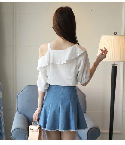 Women's Shirt Tops One-Shoulder Ruffles Short-sleeved Chiffon Blouse    Your Coastal Marketplace | Shoreshopper.com