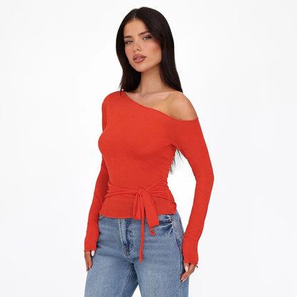 One Shoulder T Shirts For Women Aesthetic Clothes Sashes Crop Top Y2k Accessories Long Sleeve Lady Tshirt Ropa Mujer Camisetas    Your Coastal Marketplace | Shoreshopper.com