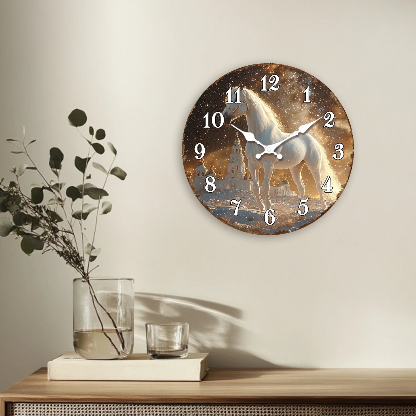 White Horse in Snowy Landscape Round Wall Clock, Ethereal Equine Art Decorative Clock, Dreamy Winter Scene Timepiece for Wall Ar    Home Decor Supply | Online Retail | ShoreShopper.com
